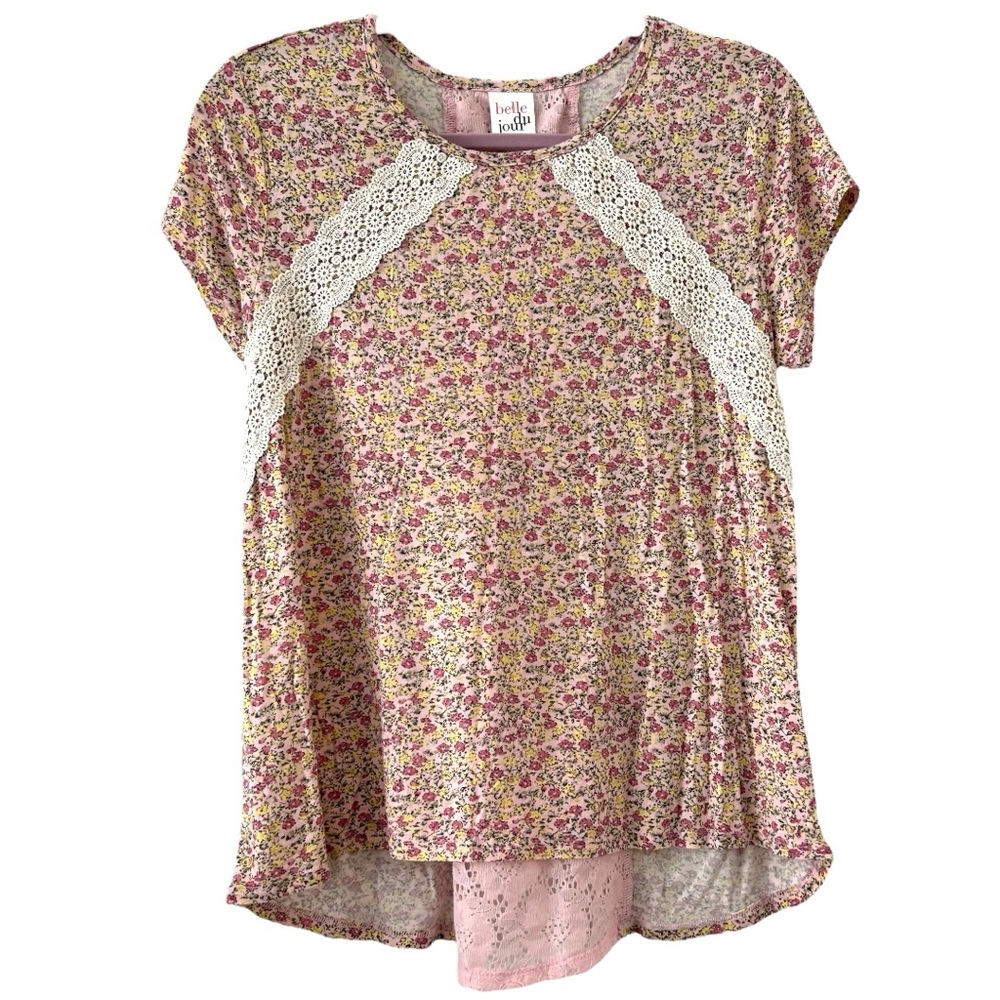 Belle Du Jour Womenâs Floral Short Sleeve Top with Lace Detailâ Sz L